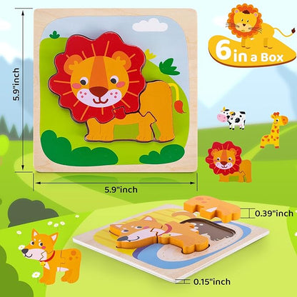 6 Pack Wooden Puzzles for Toddlers 1-3 Years Old - Montessori Toys for 2-Year-Old, Educational Toys with 6 Animal Patterns Puzzles for Boys & Girls Birthday Gift, STEM Educational Learning