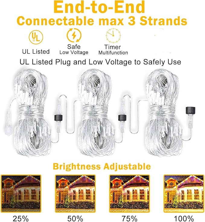 KNONEW 2-Pack 360 LEDs Christmas Net Lights 13ft x 6.6ft Outdoor Mesh Connectable Waterproof 8 Modes & Timer Plug-in Fairy Lights for Bushes Garden Party Wedding Holiday, Warm White