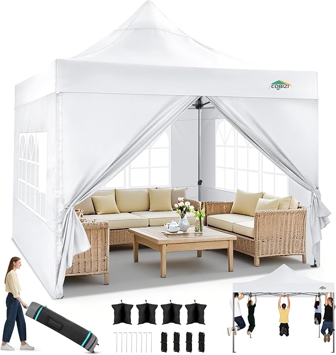 COBIZI 10x10 Pop up Canopy Tent Heavy Duty with 4 Sidewalls, Easy Set-up Commercial Outdoor Party Tent, 100% Waterproof Wedding Tent Gazebo, 3 Height Adjustable with Wheeled Bag,White