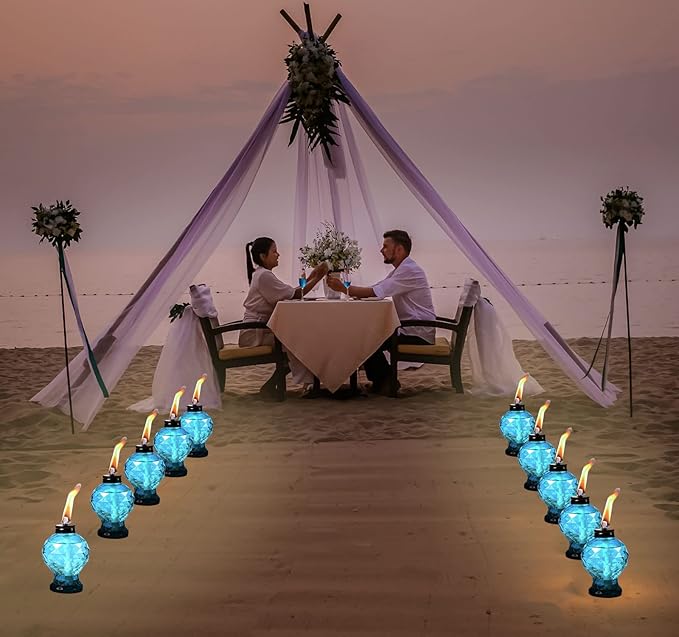 Tewei 4 Pack Blue Table Top Light Torches Outdoor, Mini Glass Torches Lanterns for Outside, Easy to Refill Citronella Torches for Garden Patio Yard Party