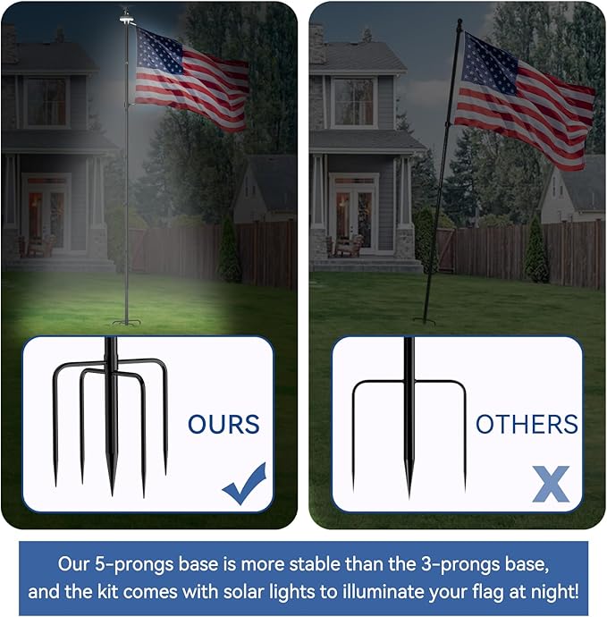 ZMTECH 10 FT Flag Pole Kit in Ground with 5 Pronges Base & Solar Light, Heavy Duty Flag Pole Holder with Metal Eagle Topper for Outside House Yard Garden Decor Residential Commerical(1 Pack,no Flag)