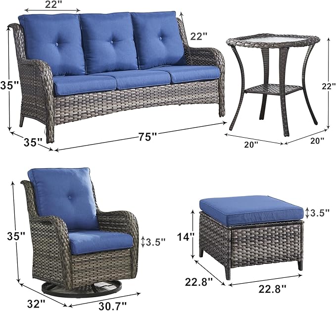 Outdoor Wicker Patio Furniture Set - 6 Piece Rattan Patio Conversation Set with 2 Rocking Swivel Chairs,2 Ottomans,1 Sofa and 1 Side Table for Porch Deck Backyard Garden(Mixed Grey/Blue)