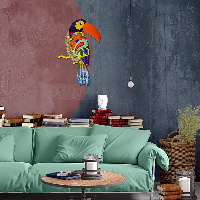 Large Metal Hornbill Wall Decor, Vivid Colorful Bird Art Wall Hanging for Indoor Outdoor Home Bedroom Office Garden (Orange)