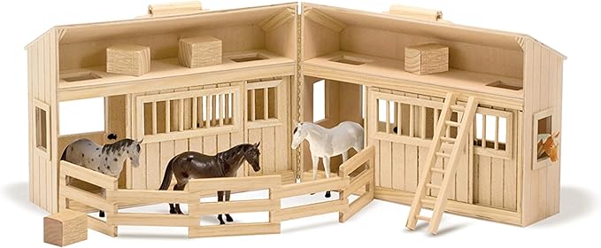 Melissa & Doug Fold and Go Wooden Horse Stable Dollhouse with Handle and Toy Horses (11 pcs)