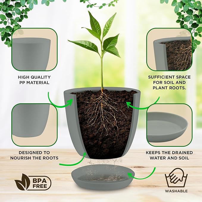 Planter Pots with Drainage Holes - Lightweight, Durable & Space-Saving Pots for Indoor and Outdoor - Versatile Functionality, Simple Modern Design, Set of 10 Plastic Planter Pots - Gray