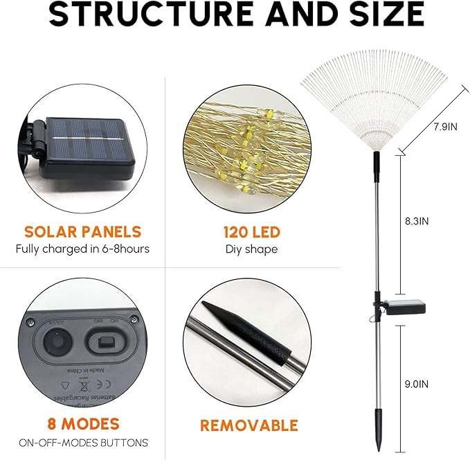 Solar Garden Firework Lights Outdoor Waterproof 2 Pack Solar Powered Art Stake Twinkle Lighting for Outside Decor, 120 LED Sparklers String Lights for Yard Party Decorations (Warm White)