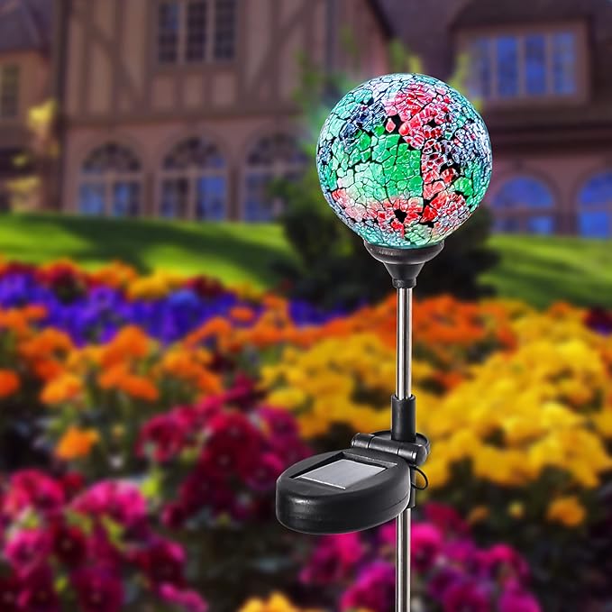 WNP Solar Powered Lights Outdoor Decorative Waterproof Mosaic Solar Garden Stakes Multi Color Crackle Glow Glass Ball Lights for Patio Pathway Yard