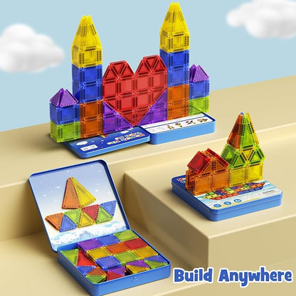60PCS Mini Magnetic Tiles Travel Set with Metal Storage Box, Magnetic Blocks Kids Toy 3D Clear Magnetictiles Road Trip ‌Essentials Montessori Preschool Classroom Must Haves Xmars Gift for Age 3+