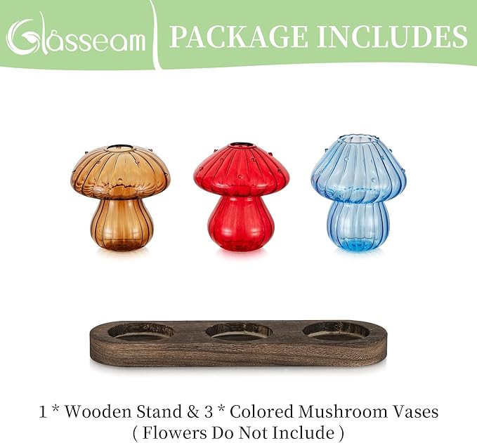 Glasseam Mushroom Plant Propagation Station: Glass Plant Terrarium Jar with Wood Stand Unique Hydroponic Planters for Indoor Plants Cute Propagation Vase for Plant Lovers Home Office Decor 3Pcs