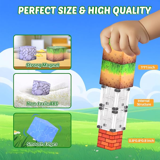 Magnetic Blocks - 157PCS Magnetic Building Blocks Set, 1 Inch Magnet Cubes Build Mine Forest World Stacking Toy for Kids, STEM Sensory Construction Toys, Christmas Birthday Gifts for Boys Girls Age 3+