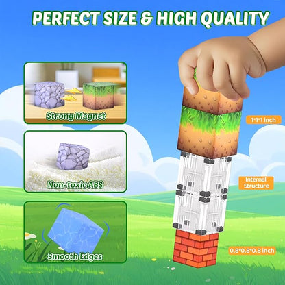 Magnetic Blocks - 157PCS Magnetic Building Blocks Set, 1 Inch Magnet Cubes Build Mine Forest World Stacking Toy for Kids, STEM Sensory Construction Toys, Christmas Birthday Gifts for Boys Girls Age 3+
