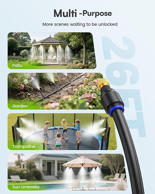 RAINPOINT Misters for Outside Patio - Upgraded 26FT(8M) Misting System Kit with Water Filter for Cooling Outdoor, 26FT Misting Line + 7 Mist Nozzles for Backyard Garden Porch Deck Greenhouse