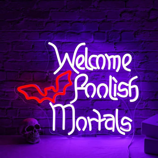 Welcome Foolish Mortals Neon Sign Halloween LED Neon Signs for Wall Decor Halloween Neon Light USB Light Up Sign for Halloween Decor Halloween Party Decoration,Door,Windows,Bar,Man Cave