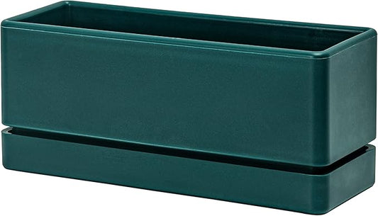 D'vine Dev 12 Inch Window Box Planter, Rectangle Plastic Herb Planter with Drainage Holes and Saucer, Indoor Succulent Cactus Vegetable Pot for Windowsill, Garden Balcony, Green, Set of 1, 76-X-C-1