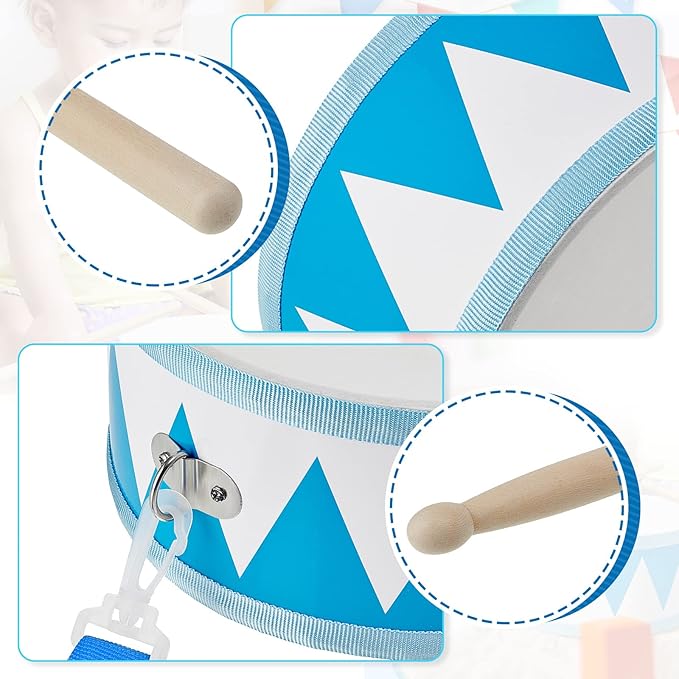 Kids Drum Set 8 Inch Wooden Toy Drum with Adjustable Strap 2 Drumsticks Educational Sensory Musical Instrument Toy Set for Toddlers Kid Baby Boys Girls Gift(Blue Triangle Style)