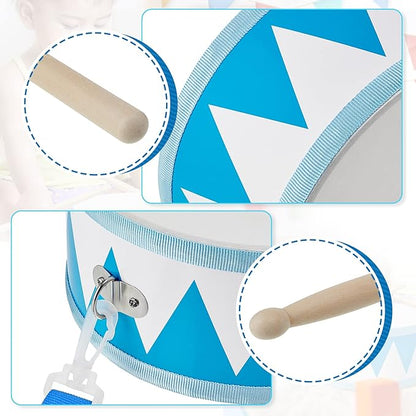 Kids Drum Set 8 Inch Wooden Toy Drum with Adjustable Strap 2 Drumsticks Educational Sensory Musical Instrument Toy Set for Toddlers Kid Baby Boys Girls Gift(Blue Triangle Style)