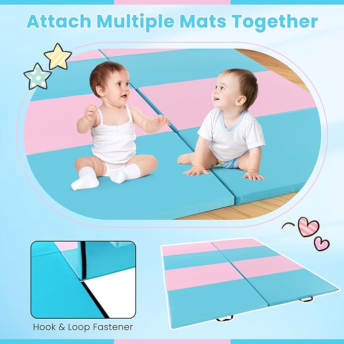 Giantex 4'x10'x 2" Gymnastics Mat, 4-Panel Folding Aerobics Exercise Mat w/Hook & Loop Fastener, Carrying Handle, Portable Tumbling Mat for Stretching Yoga Cheerleading Martial Arts