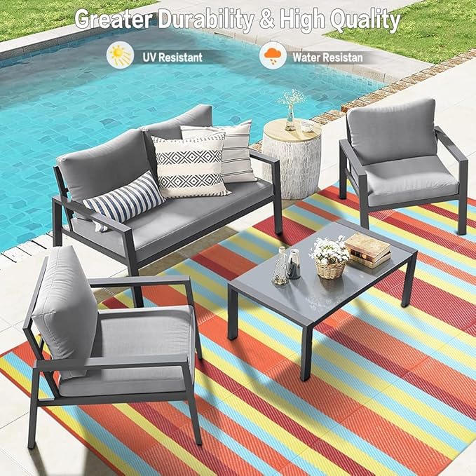Outdoor Waterproof Rug 8'x10' Plastic Straw Rugs Washable Reversible Floor Mat Rainbow Stripe Carpet for Camping RV Deck Entryance Porch Picnic Balcony Beach Backyard