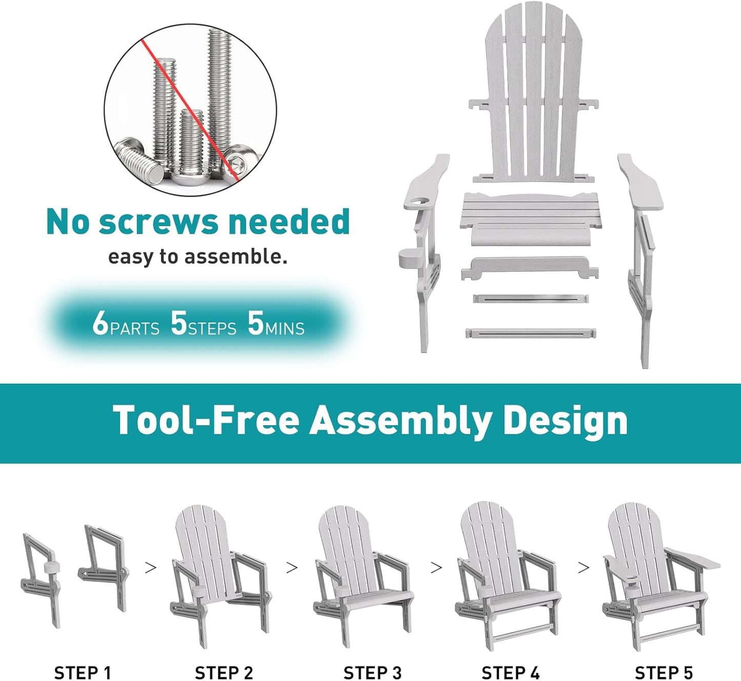 Adirondack Chairs Set of 4, Tool-Free Assembly All-Weather Plastic Adirondack Chairs, HDPE Fire Pit Chairs with Cup Holder, Outdoor Chair for Patio Garden (Grey)