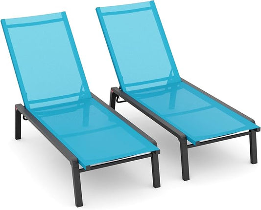 Patio Chaise Lounge Set of 2 with 4 Adjustable Backrest, Foldable Aluminum Chaise Lounge Chair Recliner for Outdoor, Poolside, Sun Tanning Blue