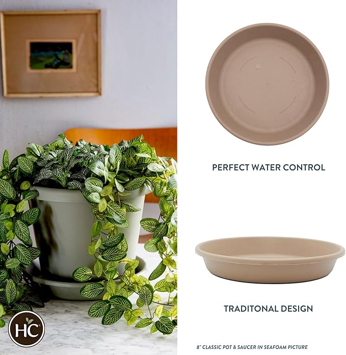 The HC Companies Flower Pot Saucers - Plastic Plant Saucer for Outdoors & Indoors - Traditional Design Plant Pot Trays for Water Drainage - Durable & Stylish Round Plant Tray (6-inch Sandstone)