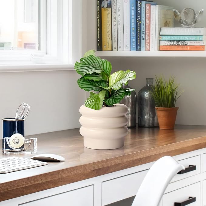 Tiered Bubble Ceramic Plant Pot, Creamy White 6 Inch Ceramic Planter with Drainage Holes, Ceramic Flower Pot with Mesh Pad, Rubber Plugs, Ceramic Pots for Indoor Plants Outdoor, Modern Décor