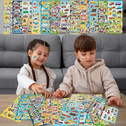 36 Sheets Cars and Trucks Stickers for Kids, 700+ Vehicle Transportation Stickers Party Favors Pack Including Cars, Construction,Fire Trucks,Buses,Airplane,Rocket and More!