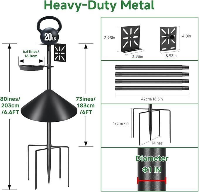 Smart Bird Feeder Pole with Squirrel Baffle & Bath-Heavy Duty Adjustable 3-6.6ft Universal Stand Mount for Backyard&Outdoor Bird Houses/Cameras (80'Pole-Baffle-Bath)
