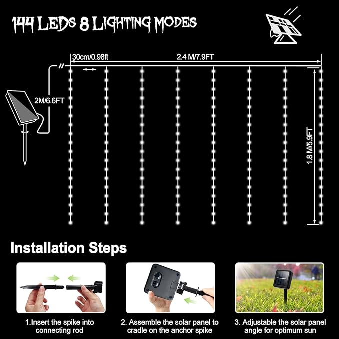 Solar Curtain Lights 7.9ft x 6ft 144 LED Outdoor Curtain Lights Waterproof with Timer 8 Modes for Christmas Garden Patio Fence Wedding Wall Window Gazebo Decor - Warm White