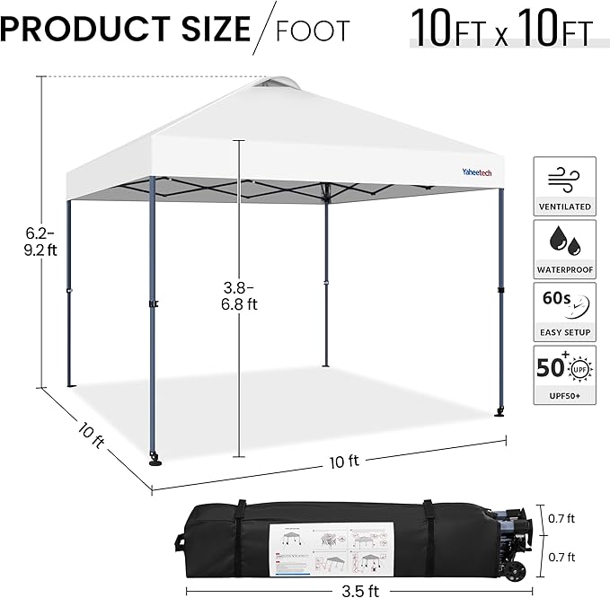 Yaheetech 10x10 Pop-up Canopy Tent w/ 2 Integrated Wheels for Mobility, Waterpoof & Heavy Duty, Instant Sun Shelter with Carry Bag, Weight Bags for Outdoor Camping Beach Patio Parties, White