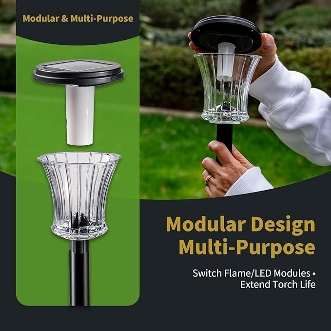 Glass Solar Torch Lights Outdoor Waterproof, Flickering Flame Tiki Torches with Modular Design, Auto On/Off LED Solar Lights for Garden Patio Yard Lawn Pathway Walkway Decorations (6 Pack)