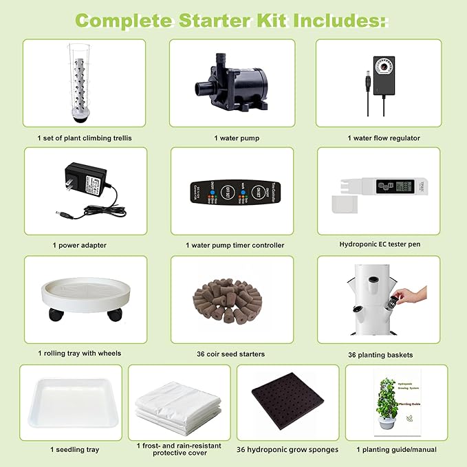 Hydroponic System Kit, Hydroponic Vertical Garden, Lettuce & Herb Starter Kit, with 36 Plant Holes, 9-Tier Indoor Outdoor Growing Tower with Climbing Trellis and Timer