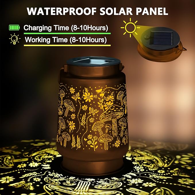 Mushroom Solar Lanterns Outdoor Waterproof Garden Decor Birthday Gifts for Women Mom Grandma Metal Hanging Solar Lights Decoration for Outside LED Lanterns for Yard Patio Lawn Pathway Landscape