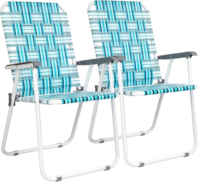 VINGLI Patio Lawn Webbed Folding Chairs Set of 4, Outdoor Beach Chair Portable Dining Chair for Outdoor Yard, Garden (White & Blue, Classic)