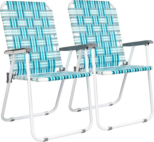 VINGLI Patio Lawn Webbed Folding Chairs Set of 2, Outdoor Beach Chair Portable Dining Chair for Outdoor Yard, Garden (White & Blue, Classic)