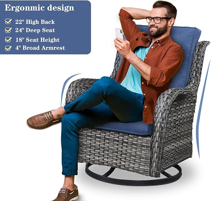 Outdoor Patio Furniture Set with Propane Fire Pit Table, 7 Pieces Wicker Patio Conversation Set with 2 Swivel Glider Rocker Chairs Rattan Sofa Blue Cushion Perfect for Casual Gathering Gray