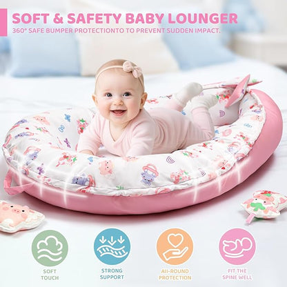 Pink Baby Play Mat, 7-in-1 Tummy Time Activity Gym Mat for Sensory and Motor Development, Washable Baby Lounger, Portable Newborn Nest for Home & Travel, Babies Gift for Infant 0-3-6-9-12-18 Months