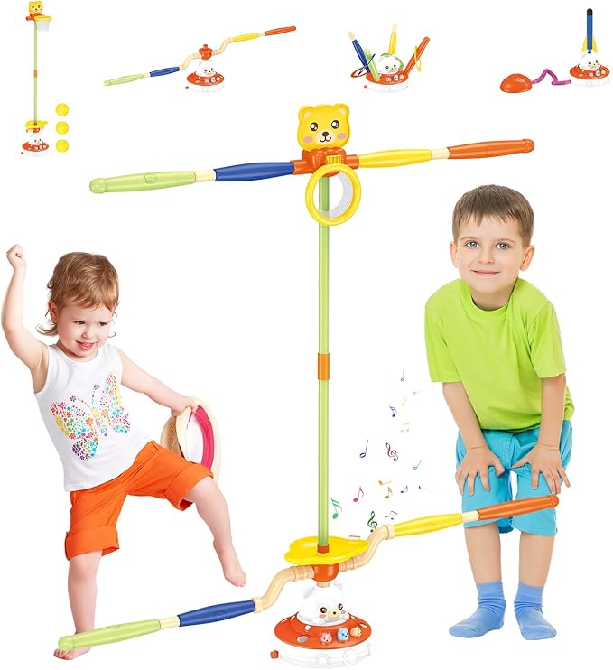 Sports Outdoors Play Set Toys - 5 in 1 Musical Jump Ring Toss Game Stomping Launch Rocket Launcher Basketball Throw for Kids - Indoor Outside Obstacle Avoidance Gifts for Toddlers Ages 4-8 8-13