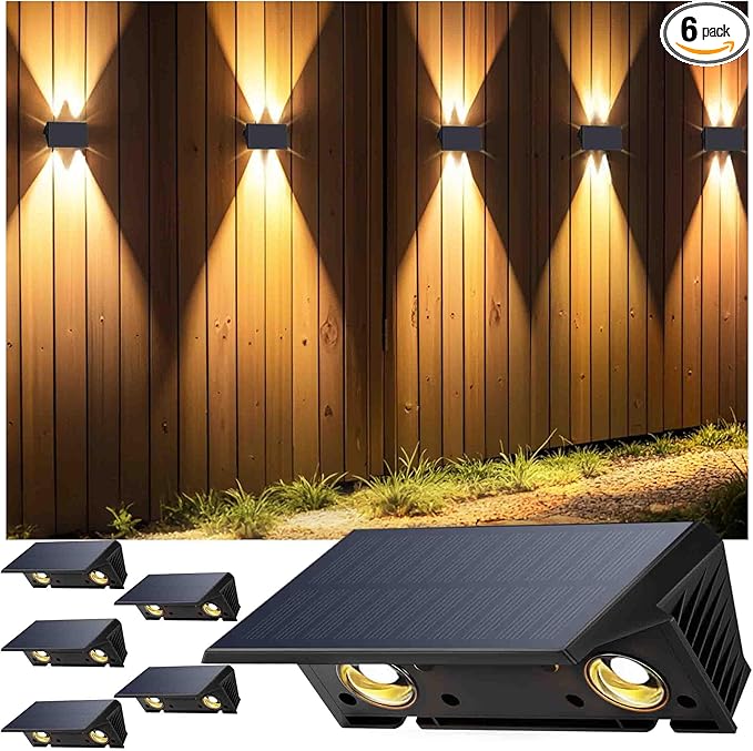 Fence Lights Solar Powered, 6-Pack Solar Fence Lights Up/Down Flexible Buttons, IP67 Waterproof for Outdoor, 120LM Bright, Auto Dusk to Dawn for Wall/Stairs/Yard/Railing/Deck/Pathway (Warm White)