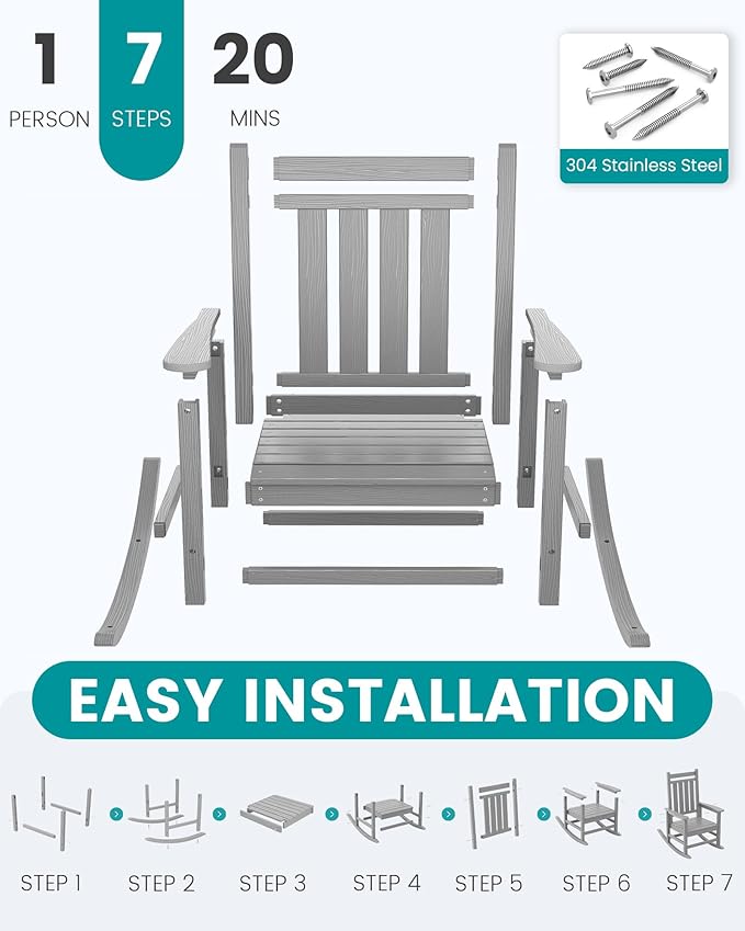 SERWALL Oversized Outdoor Rocking Chair Set of 4, HDPE Rocker for Adults, Patio Rocking Chairs for Porch, Sliver Gray