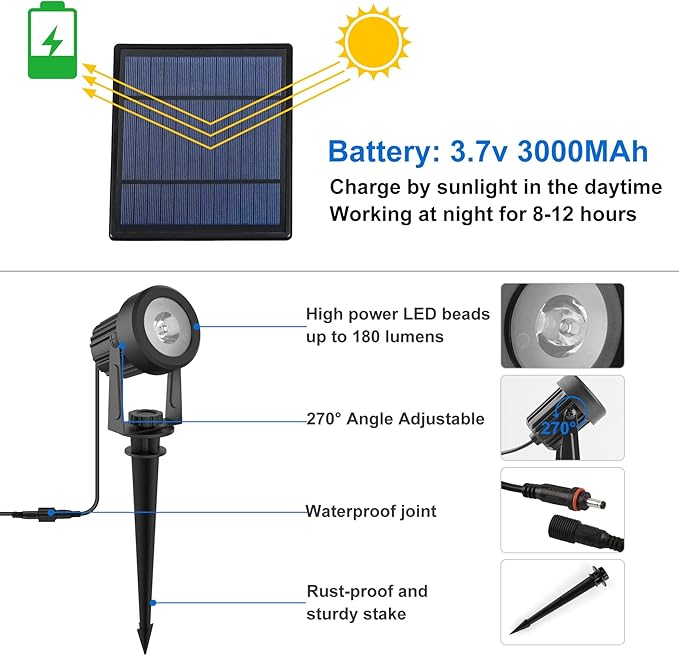 Solar Spot Lights Outdoor, 4-in-1 Solar Landscape Spotlight Waterproof 9.8ft Cable, 5W 3000mAh, Auto ON/Off Adjustable Solar Wall Lights for Yard, Ground, Garden, Pool, Lawn (Cold White)