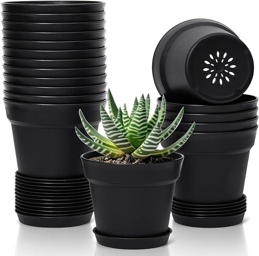 T4U 5 Inch Plastic Planters 18-Pack - Small Plant Pot with Drainage Hole and Saucer, Decorative Nursery Pot Bulk for African Violet, Snake Plant, Aloe and All House Plants Indoor (Black)