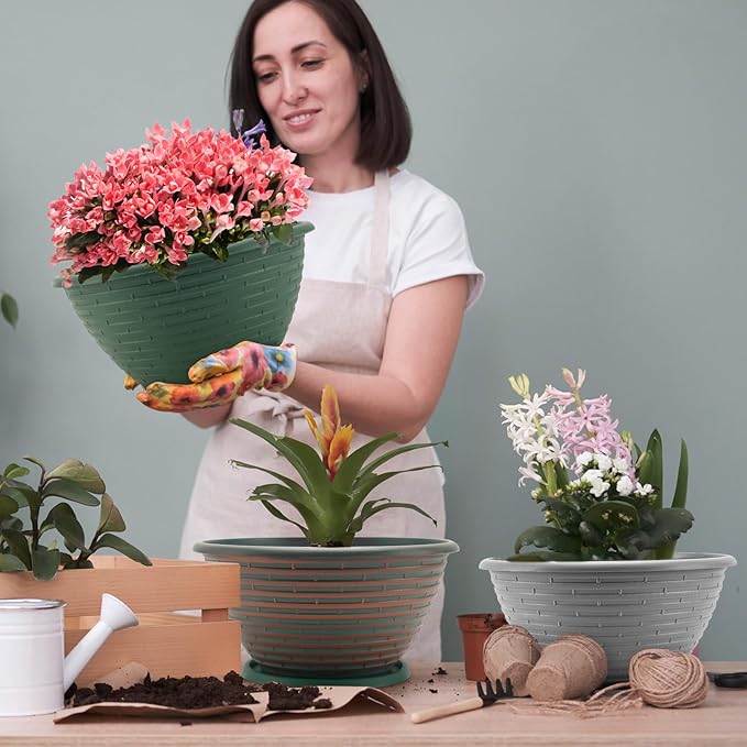 Quarut Large-Planter-Indoor-Outdoor Plant Pots, 12 inch 4 Pack Flower Pots with Saucer and Drainage Holes, Modern Planters for Planting Medium Large Plants,Decorative Resin Garden Pots(Brown)