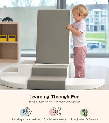 6-Piece Climb and Crawl Activity Play Set, Soft Foam Climbing Blocks for Toddlers with Wipe-Clean PU Leather, Anti-Slip Climbing Toys for Toddlers 1-3 Inside for All-Around Development, Gray & White