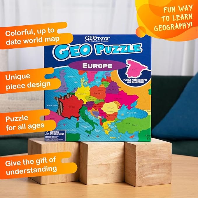 GeoToys GeoPuzzle, Europe Shaped Jigsaw Puzzles, 58 Pc Geography Puzzle, Geography Game & Map Puzzle - Jigsaw Puzzles for Kids Ages 6-9 Years Old