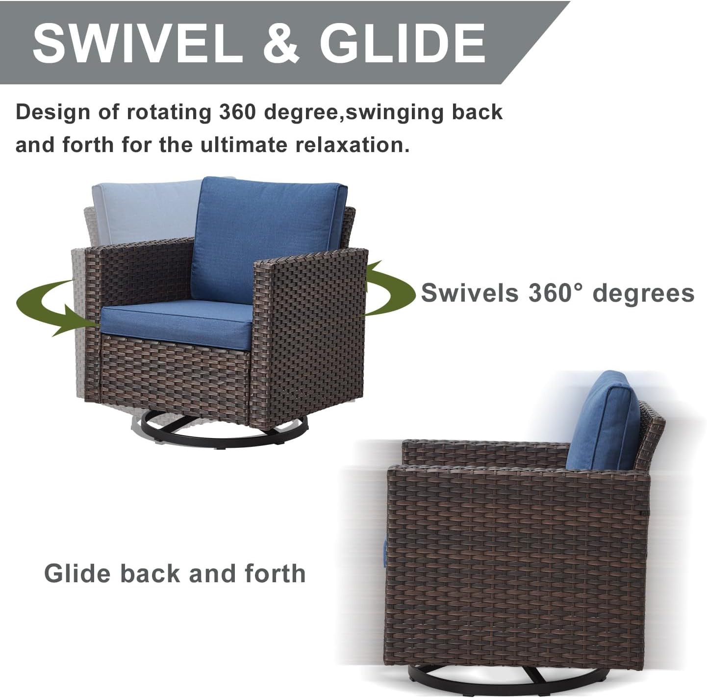 HUMMUH 3-Piece Patio Swivel Chairs,PE Wicker Outdoor Rocking Chairs Bistro Set with Side Table Porch Balcony Furniture with Cushions