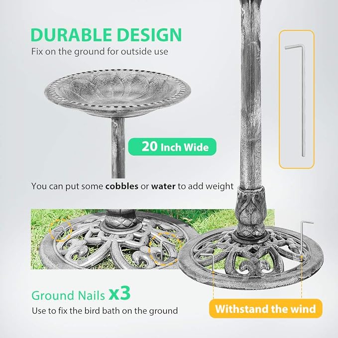 VIVOHOME 28 Inch Height Polyresin Lightweight Antique Outdoor Garden Bird Bath Gray