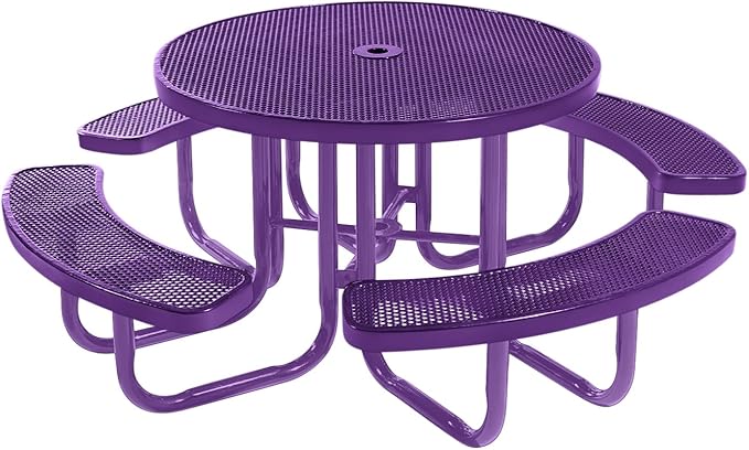 Heavy-Duty Portable Outdoor Picnic Table with Umbrella Hole, Punched Steel Commercial-Grade Patio Furniture Made in America (46" Round Top, Purple with Purple Frames)