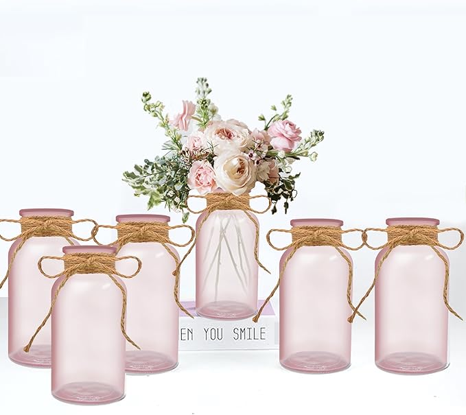 Vintage Glass Flower Vase，6 Pack Pink Farmhouse Glass Centerpiece Vases Mason Jars for Weddings, Parties & Home Decor Bulk (6, Pink)