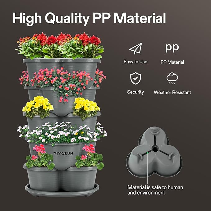 VIVOSUN 2-Pack 5 Tier Vertical Gardening Stackable Planter for Strawberries, Flowers, Herbs, Vegetables, Grey
